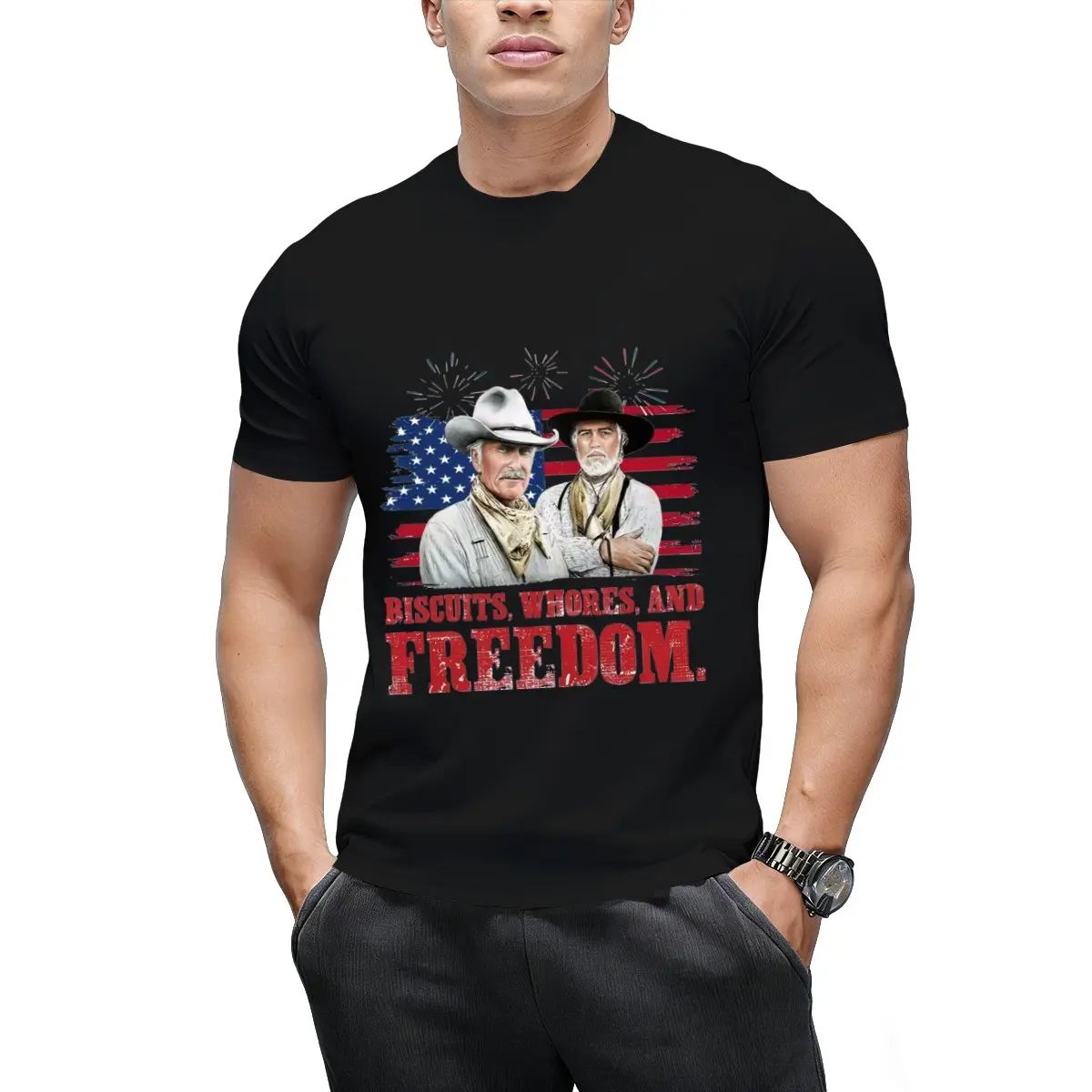 Unisex Black Short-Sleeve Cotton Crew Neck Tee, Retro Western Cowboy Portrait & Vintage Flag Graphic Print, Casual Street-Wear Sports Top