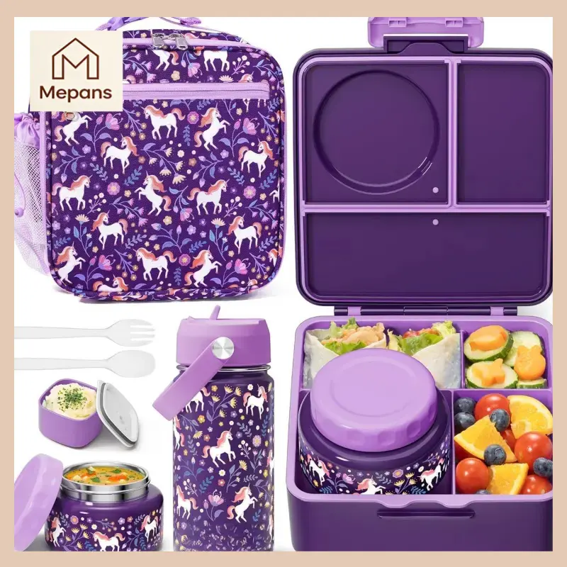 PLL Leakproof Airtight Bento Box Set with 8.5 oz Aluminium Insulated Thermos Jar, Lunch Bag, Water Bottle, 3-4 Compartment Tray for School (Home Supplies)