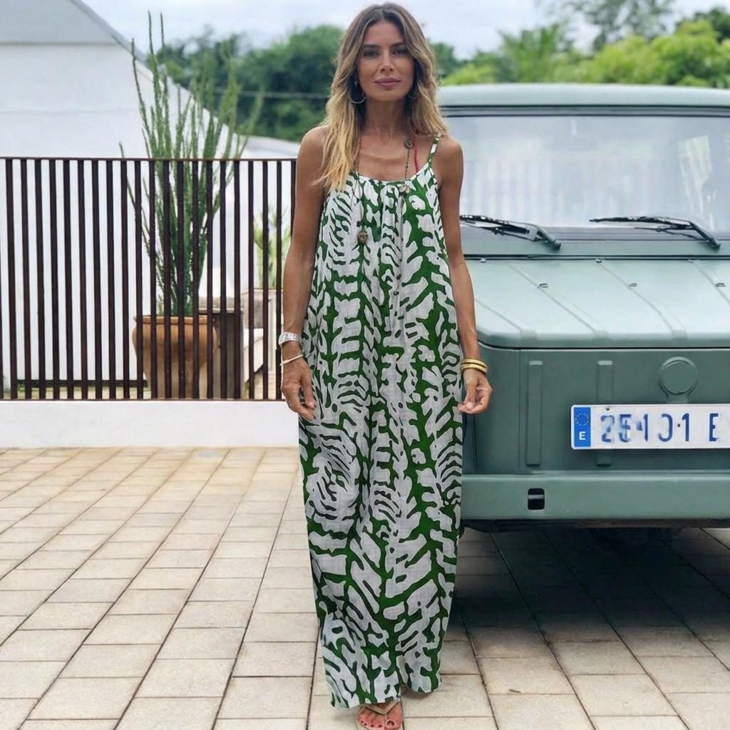 2026 Women's Nightdress Printed Halter Neck Backless Loose Nightgown Casual Homewear in Leopard Print