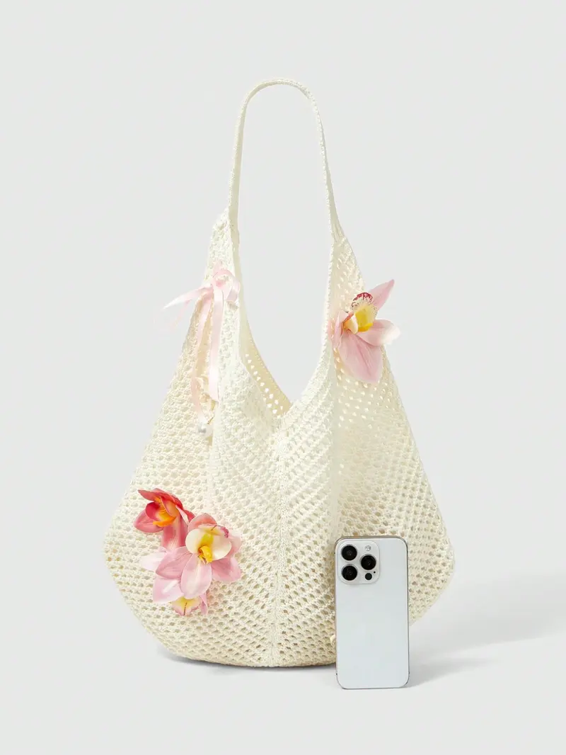 Hollow Out Knit Floral Embellished Aesthetic Tote Bag, Orchid Flower Ribbon Decoration, Large Capacity Shoulder Bag for Fall Winter Beach Vacation