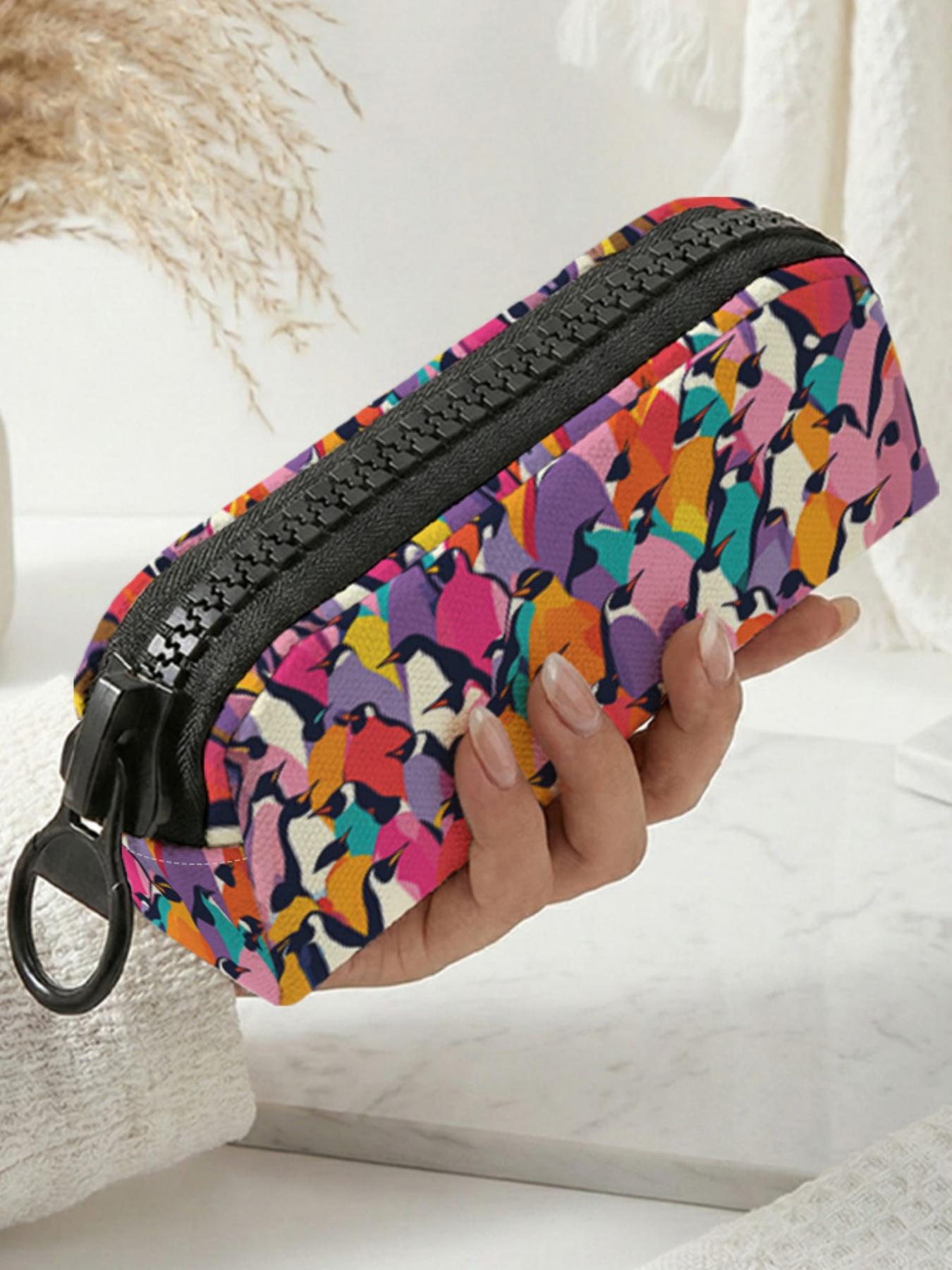 1 piece of colorful penguin pattern 2D printed large zipper pencil case, storage bag, spacious zipper makeup bag school supplies and stationery, durable polyester