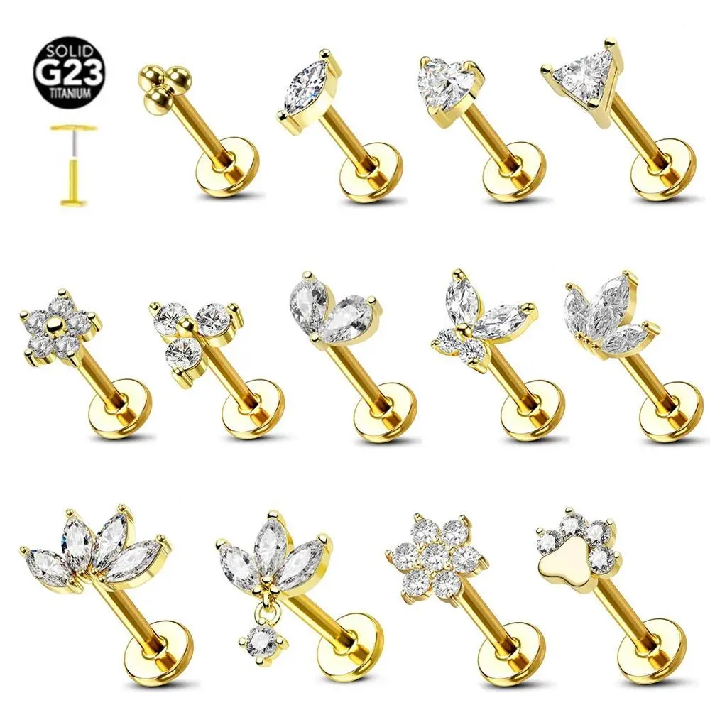 ASTM F136 G23 Titanium Flower Threadless Earring Piercing Petals Leaf Heart Butterfly Pin Daith Conch Push in Labret Stud