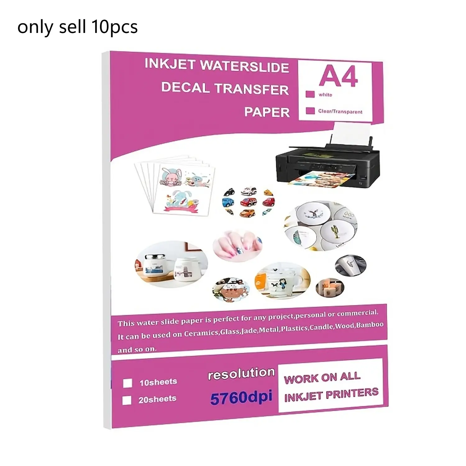10 Sheets DIY A4 Inkjet Waterslide Decal Transfer Paper Sheets White Transparent Clear for Inkjet Printer High Resolution DIY (8.27nch*11.7inch)