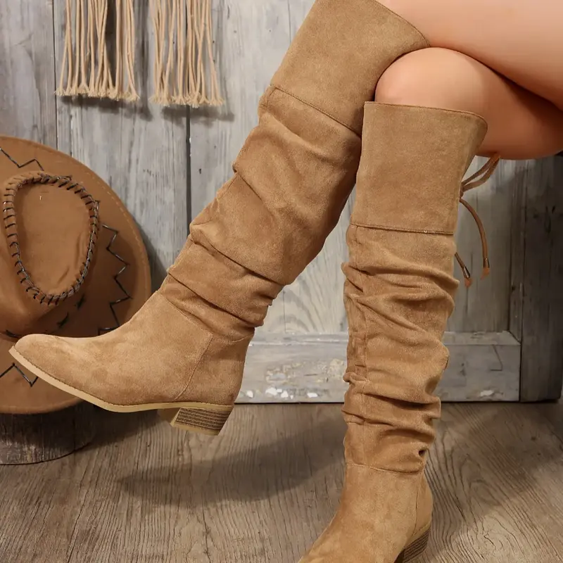 Women's Fashionable Solid Color Lace Up Pointed Toe Boots, Trendy All-match Plain Lace Back Slouchy Boots, Casual Warm Knee Boots for Fall & Winter,  for Daily Wear, Rubber