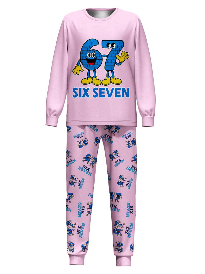#67 Print Christmas Pajama Set Long Sleeve Pants for Kids and Youth, Six Seven Meme Pattern Homewear for Boys and Girls, Loose Fit, All Seasons, Holiday Christmas Gift Idea, Cartoon Print Pajama