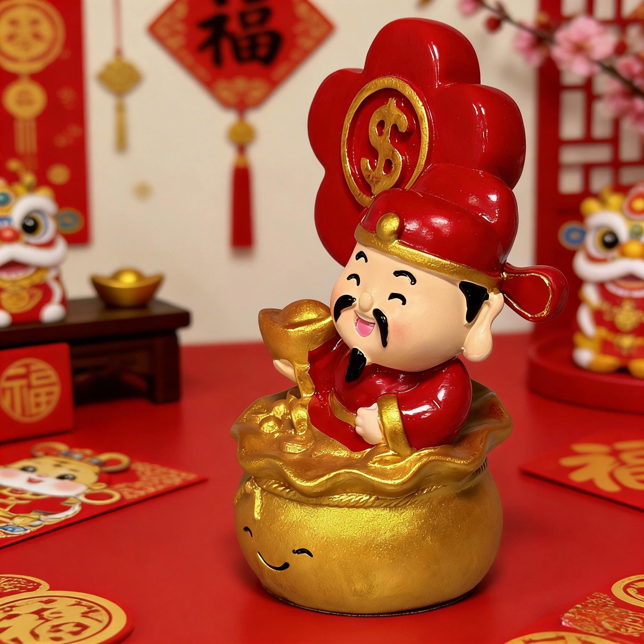 Cute Mini Resin Fortune God Figurine, Traditional, Holding Yuan Bao Money Bag, Desk/counter/car Use, Attracts Wealth