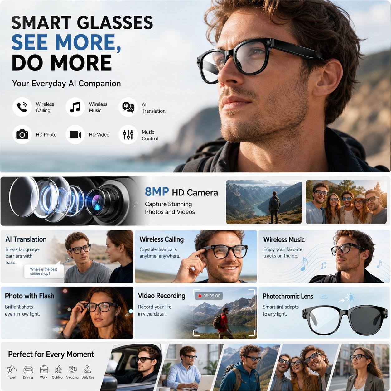 SENBONO Multifunctional Smart Glasses with Ai Assistant, HD Recording, Bluetooth-compatible Music Calling, Dual Mic Noise Reduction, LED Flashlight, 8mp Camera