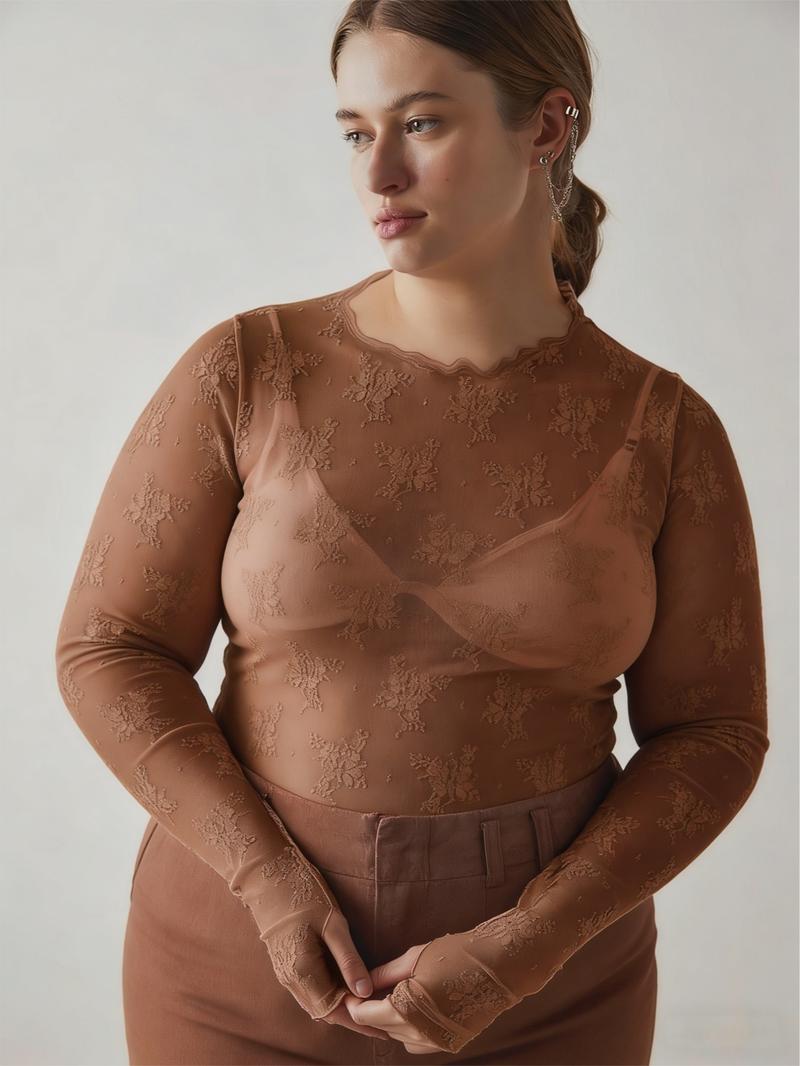 Women's Plus Size Sheer Lace Overlay Long Sleeve Top, Sexy Slim-Fit Summer Fashion Tee, Trendy Plain Color Underlayer Shirt