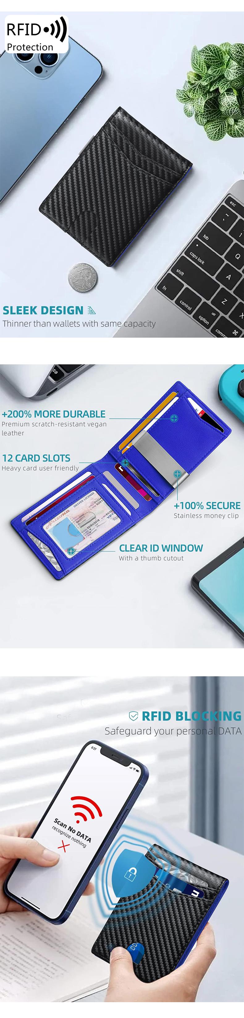 Men's Slim Wallet for Front Pocket, RFID Blocking Card Holder with 11 Slots, Carbon Fiber Rfid Blocking Wallets for Casual Use, Credit Card Organizer