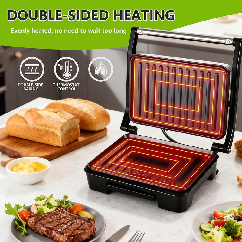 Panini Press Grill and Gourmet Sandwich Maker, equipped with non-stick coated plates, can open 180 degrees, suitable for grilling steaks, burgers and sandwiches, and the body color is black