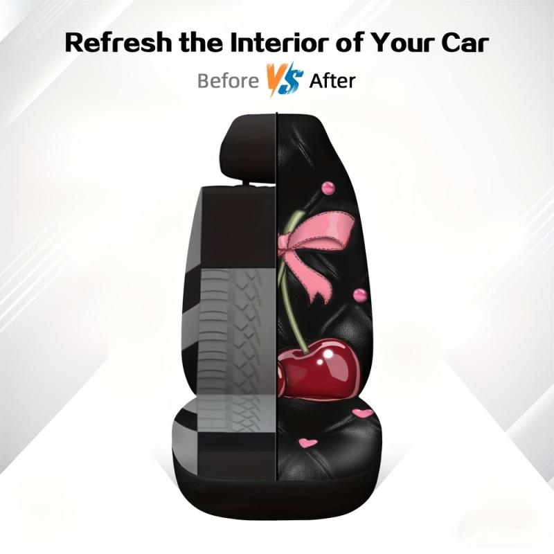 Two-piece cherry design, pink bow on a black background for the front seat cover. Perfect for individual front car seats. It is a practical gift suggestion for vehicle operators and owners.