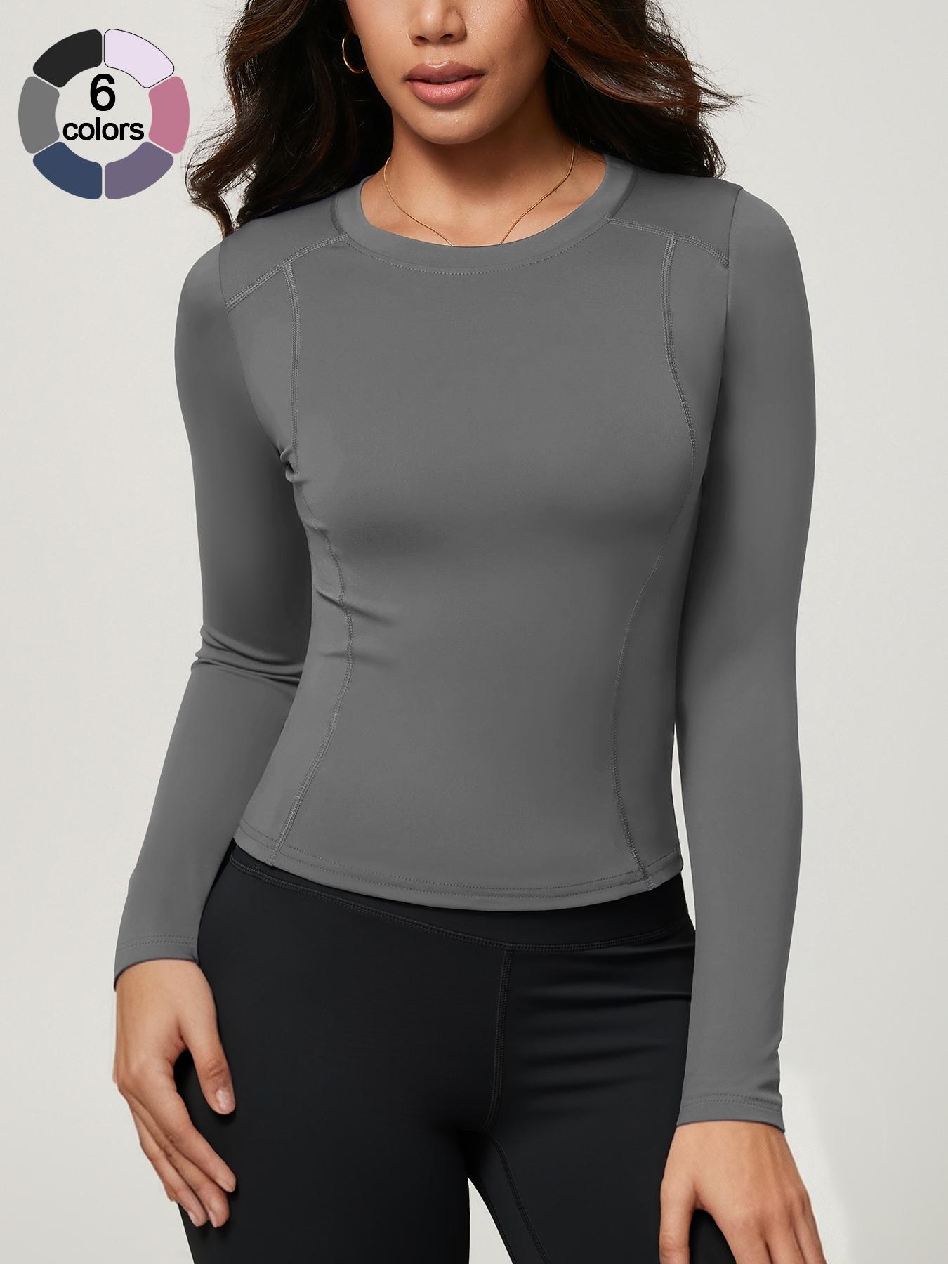 Women's Solid Color Long Sleeve Sport Top, Round Neck Thumb Hole Design, Comfortable Casual Yoga Gym Running Cycling Golf Tennis Wear, Fitness Running Tops