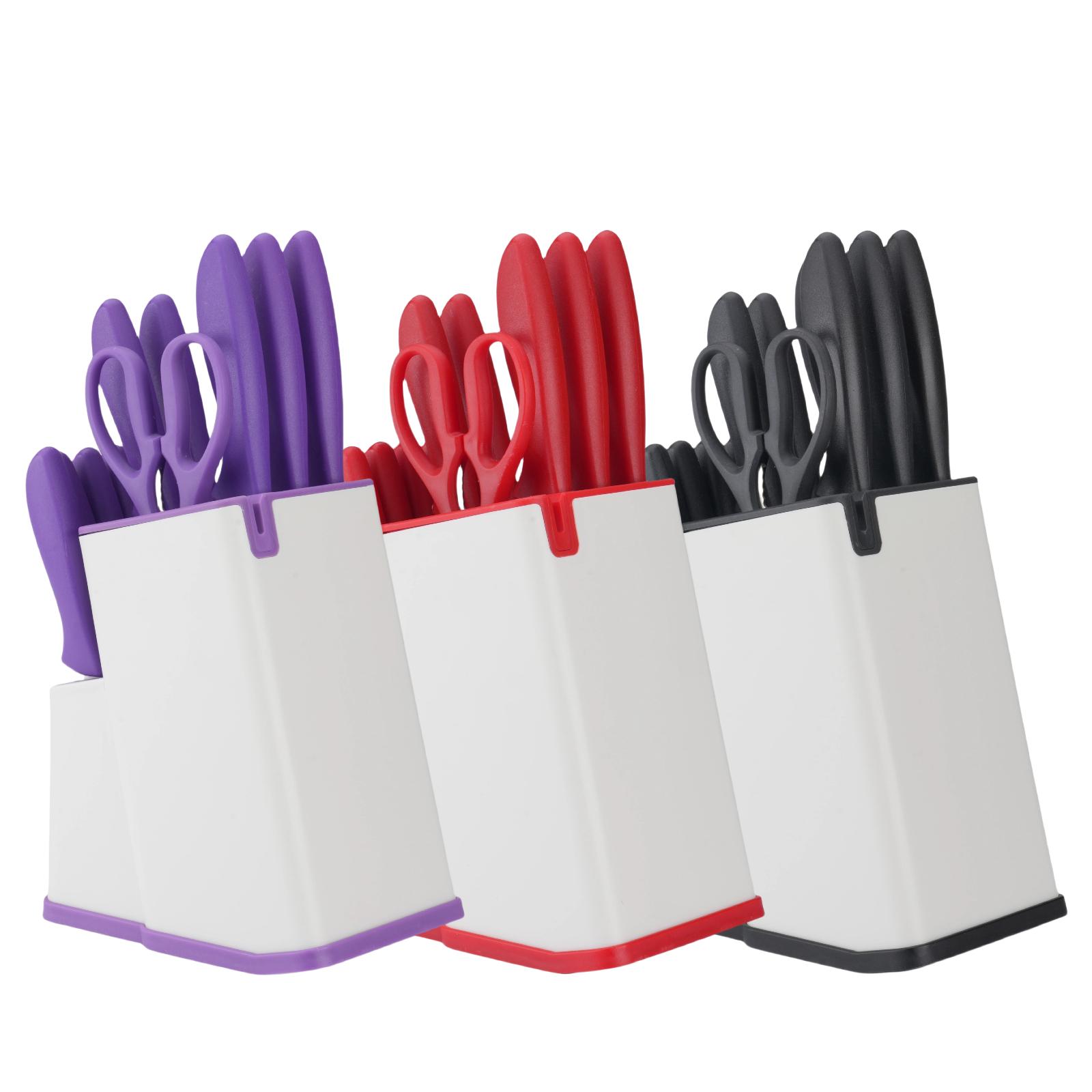 15 Pieces, Knife Set, Plastic Handle, Plastic Storage Holder,  Scissors, with Sharpener, Meat and Vegetable Cutter, Steak Cutter, Washable, Gift Set Utensils Modern Kitchen Container