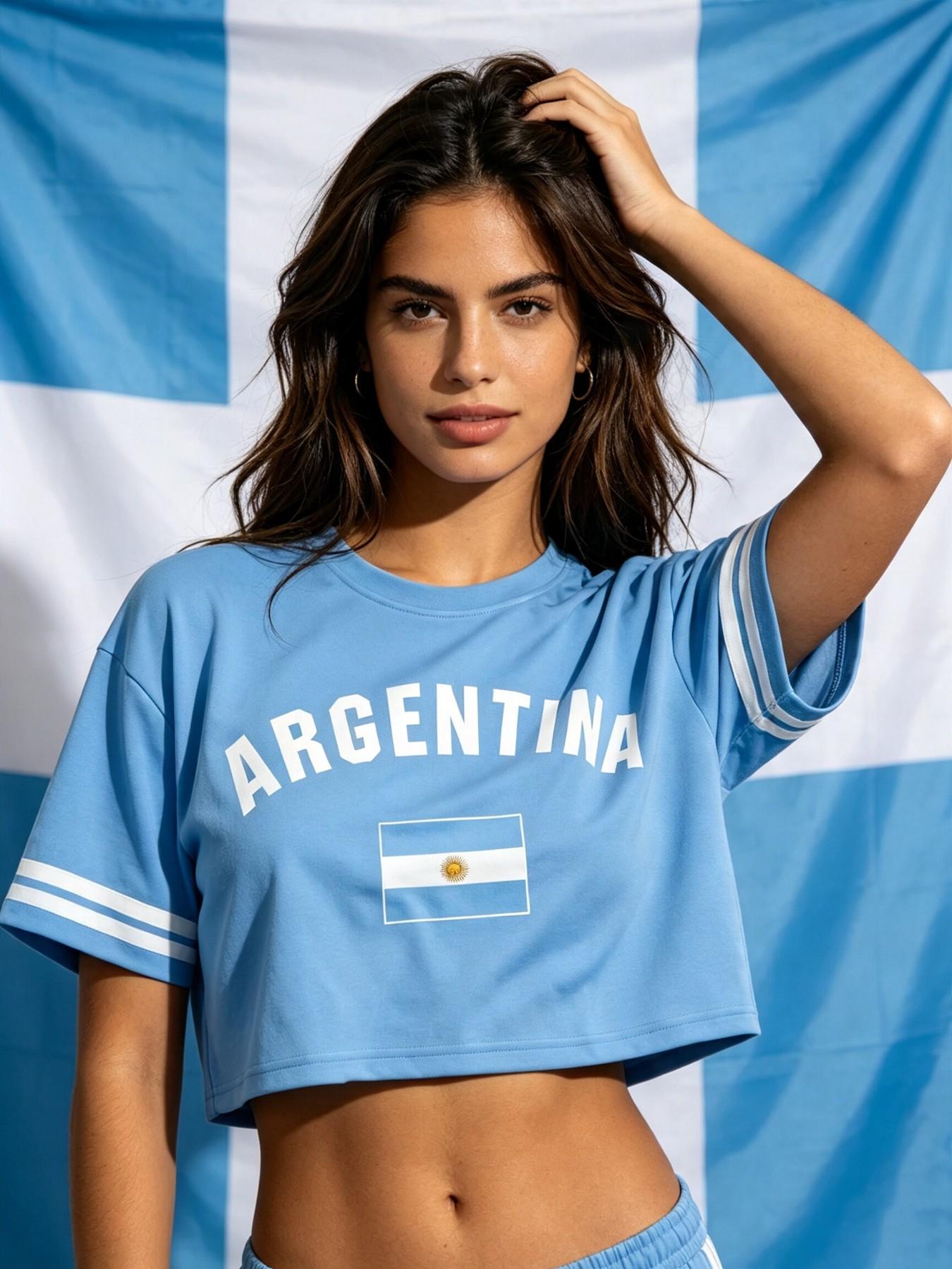 Argentina Crop Top Fan T-Shirt, Light Blue, Striped Sleeves, Soft Breathable Loose Fit, Sporty Style, Women's Football Gear, Jersey Crop Top