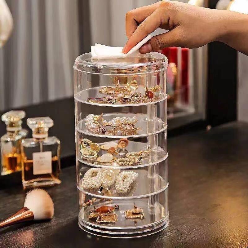 Transparent Jewelry Box for Women, Lipstick Organizer, Small Items Storage, Earrings Pins Holder, Rotating Sorting Box