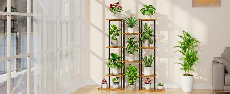 Minimalist Indoor Plant Stand with Grow Lights, 40" Tall 6 Tiered Metal Shelf, Artistic Corner Plant Holder, Organiser for Pots and Flowers, Living Room&Patio Display Rack, Perfect Gift, Easy Installation, Baking Shelves, Outdoors&Indoors, Painted Finish