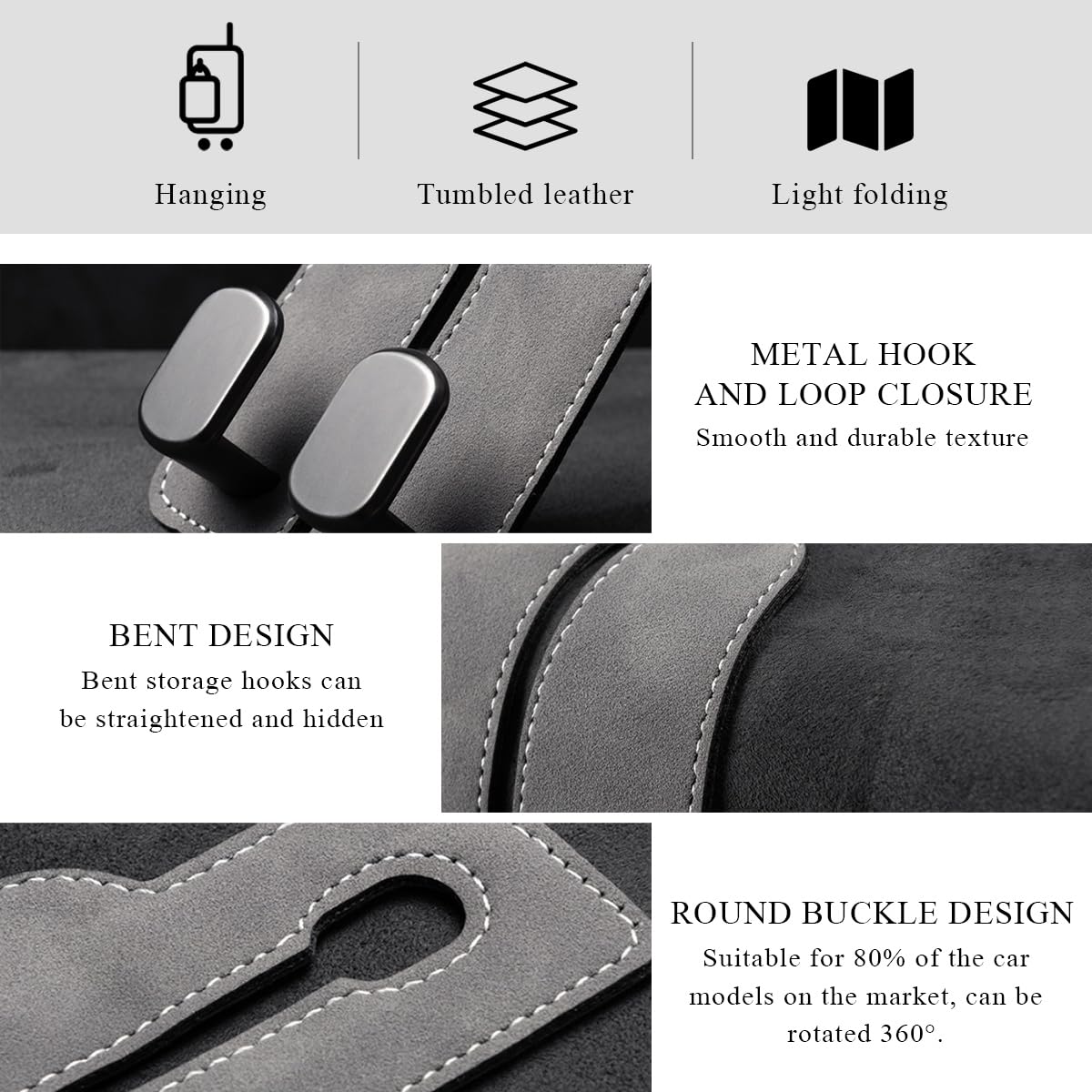 2 Pack Car Seats Hooks for Headrest, 2-in-1 Premium Leather Car Headrest Hanger with Metal Hooks, Car Seat Back Storage Hooks for Purses, Handbags, Phone (Black)