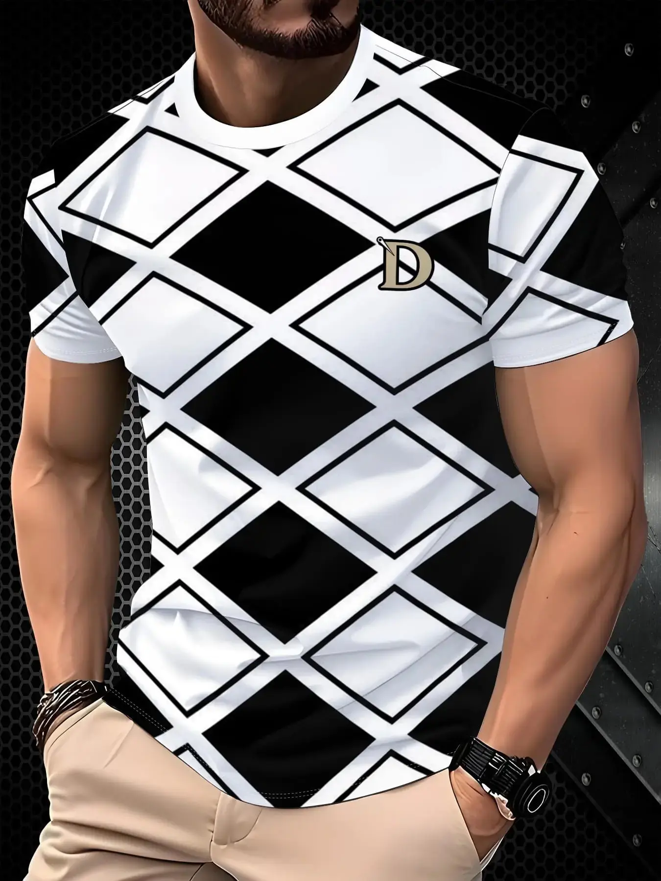 Men's Geometric Pattern Short Sleeve Tropical T-Shirt, Slim Fit Fashion Print Top, Grid Trendy Design, Casual Streetwear Long H-Type, Menswear, Casual Summer Clothing