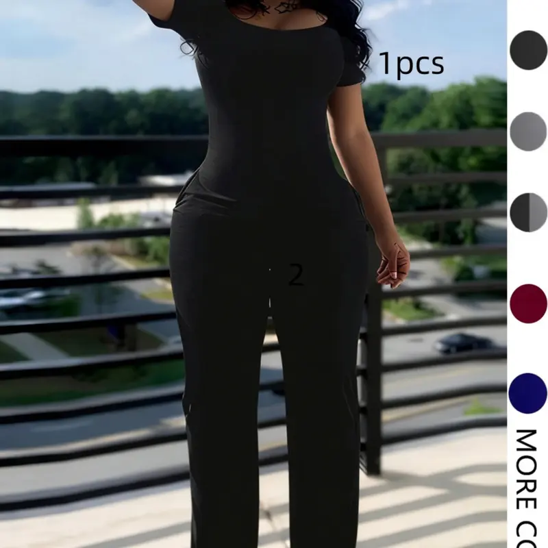Women's Chic Minimalist Fitted Short-Sleeve Snatched Jumpsuit, Plain Low-Neck Design with Pockets, All-Season Casual Fashion Summer Wear Style