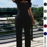 Women's Chic Minimalist Fitted Short-Sleeve Snatched Jumpsuit, Plain Low-Neck Design with Pockets, All-Season Casual Fashion Summer Wear Style