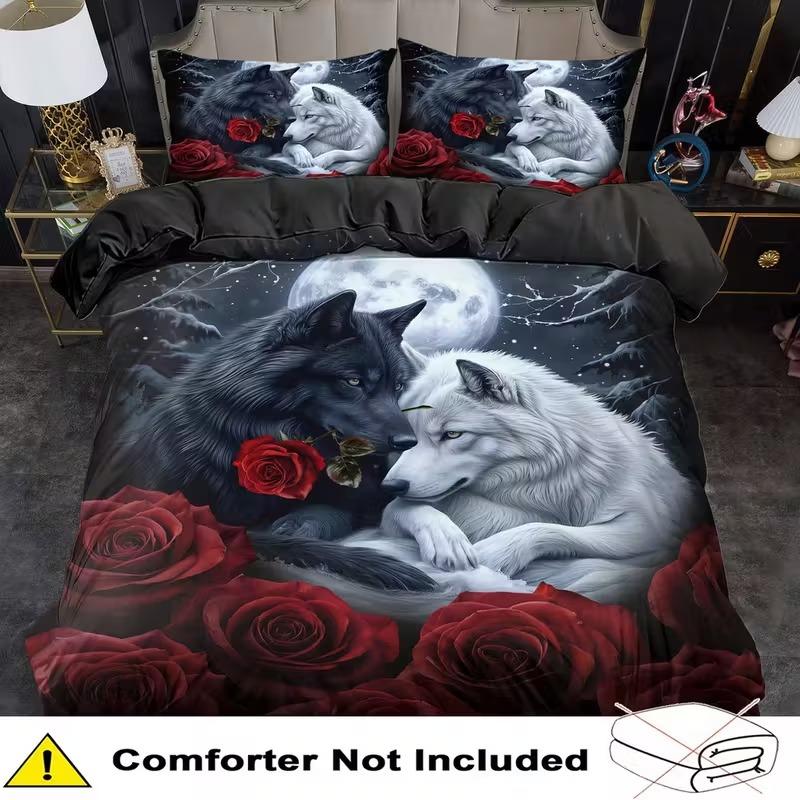 2D Print Wolf Pattern Bedding Set, 3pcs Soft Breathable Polyester Fabric, All-Season Use, Bedroom & Guest Room Decor, Decorative Bedding Set