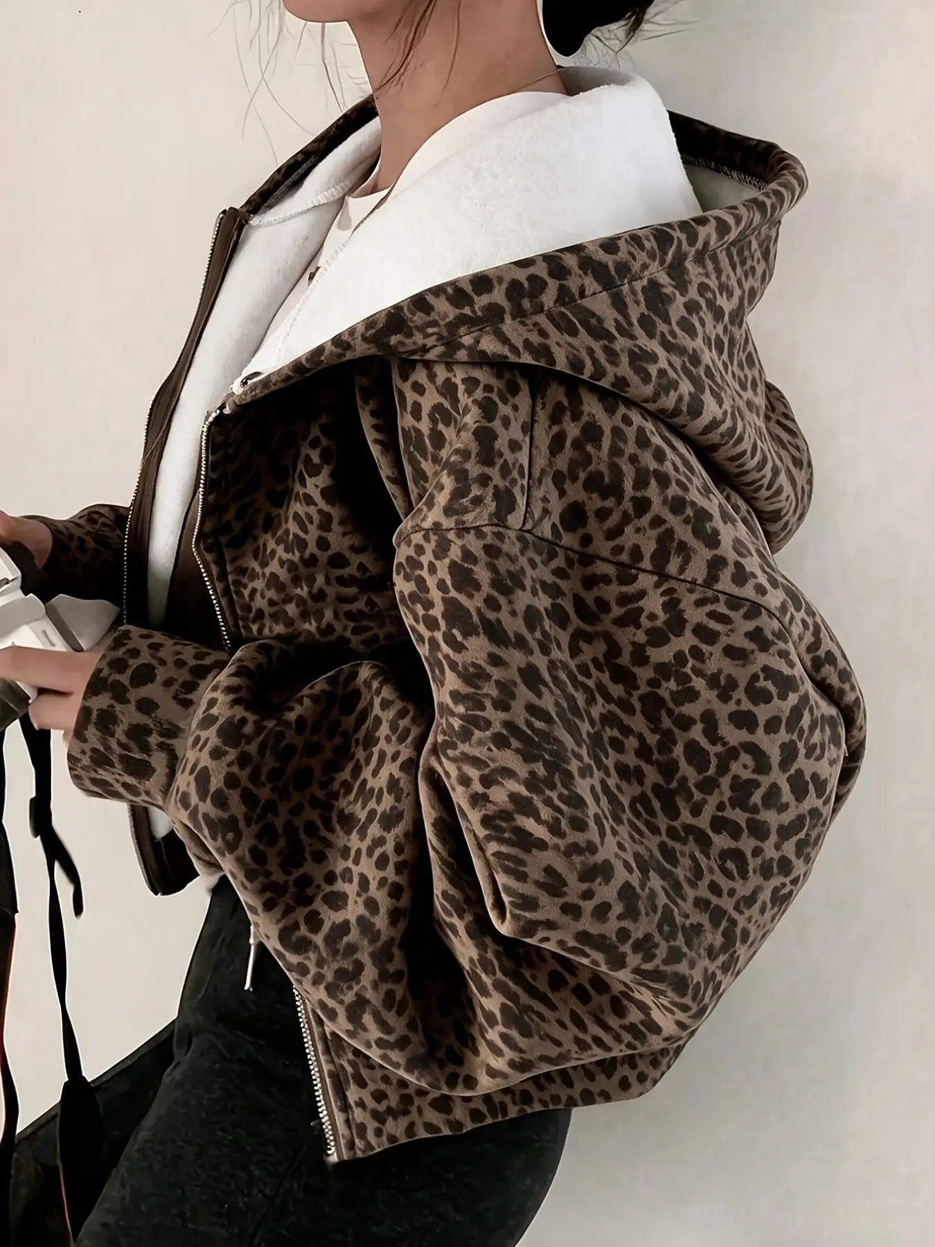Women's Leopard Print Zipper Hoodie with Pockets, Fleece Open Front Y2K Fashion Hoodie, Fall Clothes for Women, Back-To-School Season, Sweatshirts
