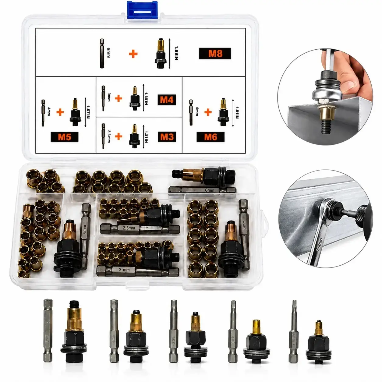 Manual Rivet Nut Tool Kit, M3-M8 Carbon Steel Threaded Insert Nuts, Hand Rivnut Tool for Car Body Repair & Metal Fastening, Great for DIY Metalwork