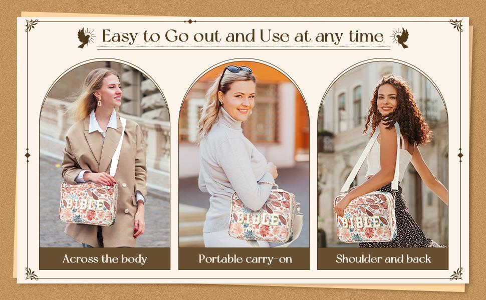 Bible Bag for Women, Floral Bible Bag 12x9x2.5in Large Chenille Letter Bible Cover PU Leather Bible Case with Tabs Colored Pen Highlighters Tote Bag with Shoulder Strap, Bible Journaling Kit Easter Gift for Church Women Girls,Sunday Prayer Supplies