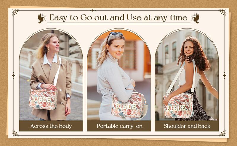 Valentine Gift Bible Bag for Women, Floral Bible Bag 12x9x2.5In Large Chenille Letter Bible Cover PU Leather Bible Case with Tabs Colored Pen Highlighters Tote Bag with Shoulder Strap, Bible Journaling kit for Church Christian Girls,Sunday Prayer Supplies