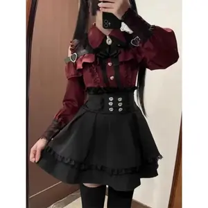 Japanese Y2 Aesthetics Vintage Bow Dress Shorts Set Women Gothic Lolita Style Long Sleeve Shirt Dress Elegant Party Dress Suits