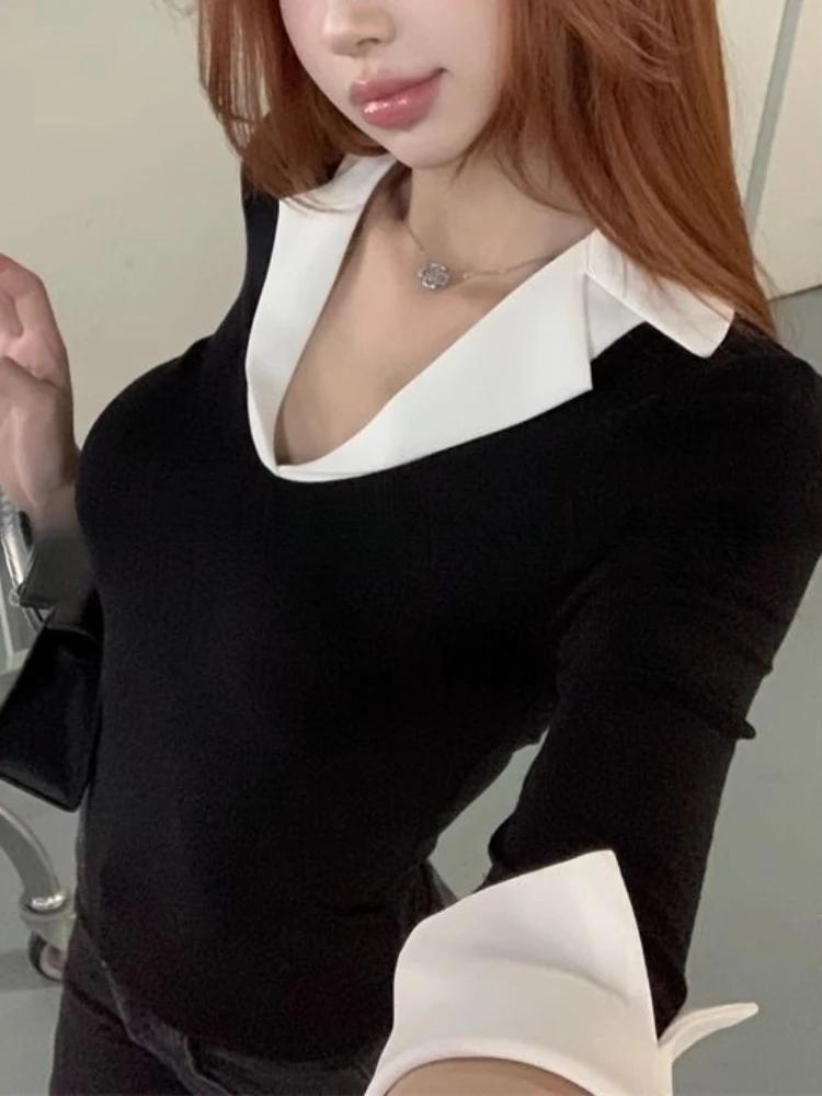 Korean Chic Design Fake Two Pieces Long Sleeves Shirt Women Spring 2025 New Elegant All Match Slim Fit Base Tops Office Clothes