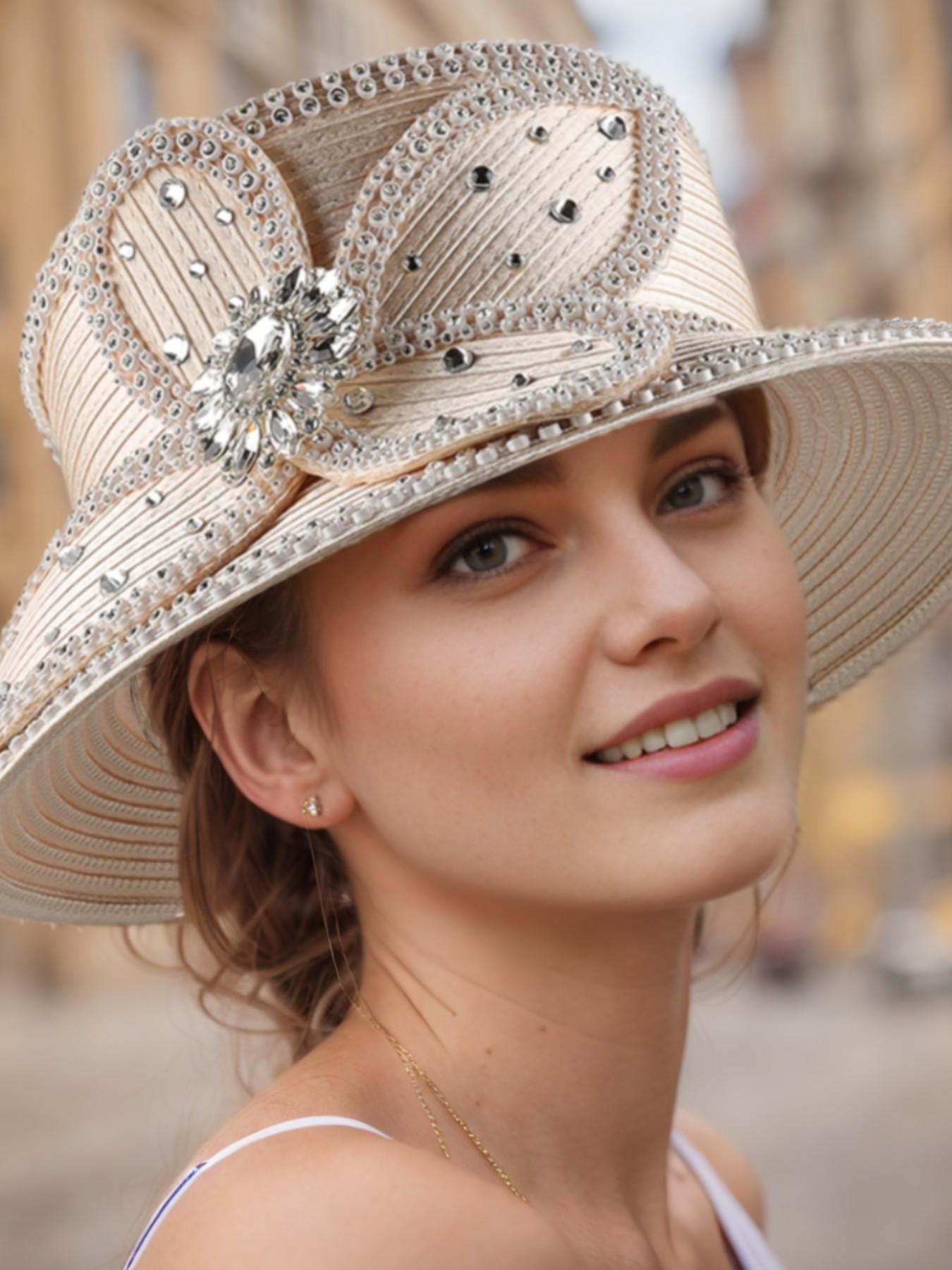 Elegant Women's Church Hat, Vintage Satin Rhinestone Bridal Hat, Party Tea Derby Hat, Sun Protection Wide Brim Hat, Sunday Church Hat