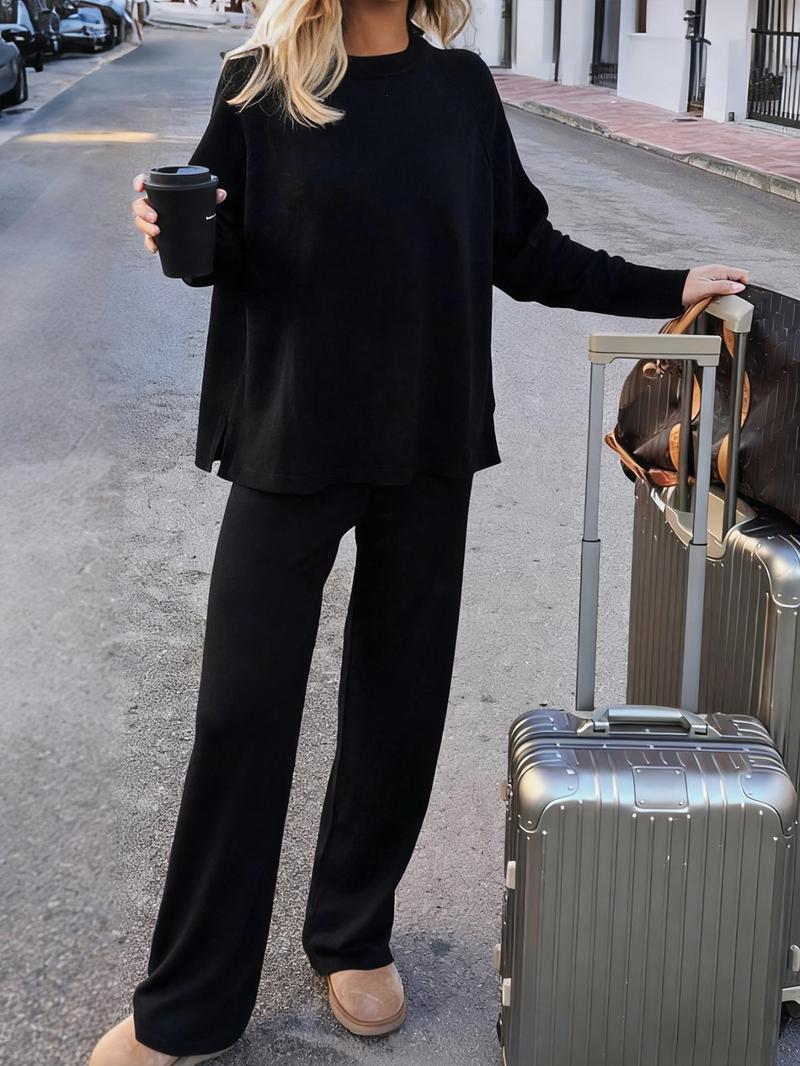 Women's Fall Winter Knitted Travel Airport, Soft Fleece Warm Round Neck Long Sleeve Pants Set, Two-Piece Sweater Dress