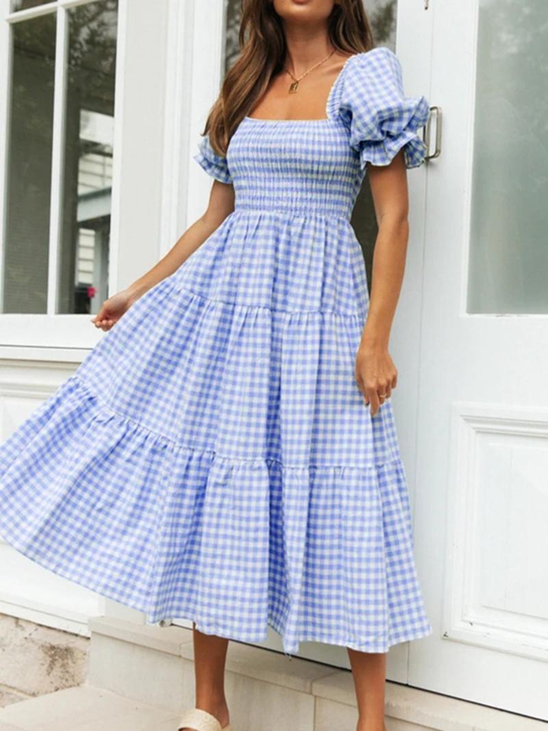 Women's Gingham Print Bubble Sleeve Dress, Casual Short Sleeve Square Neck A Line Dress for Summer, Women's Clothing for Daily Wear