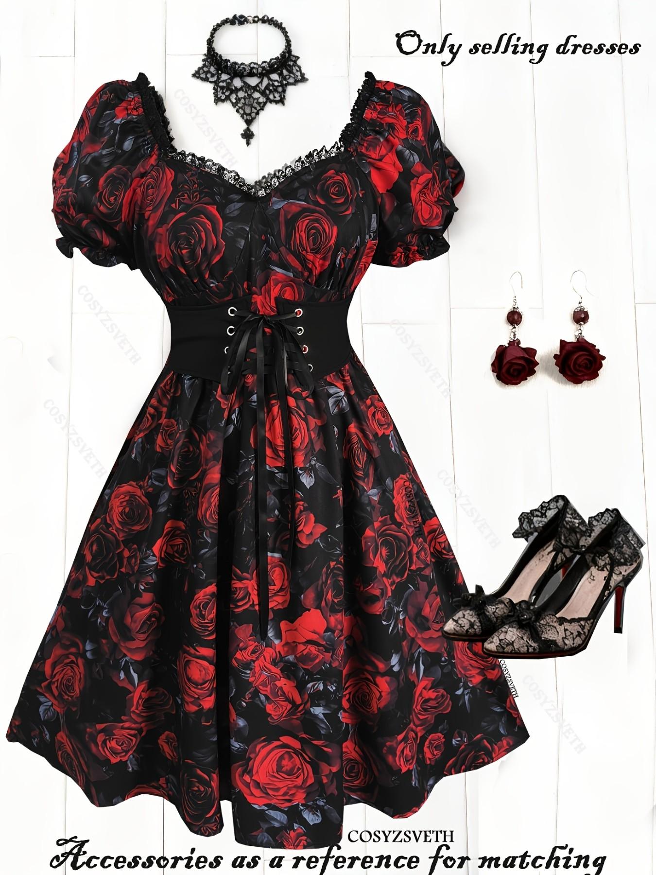 Gothic Vintage Bubble Sleeve Rose Print Dress, Lace Patchwork Dark Rose Retro Dress, Spring Summer Women's Floral A-Line Dress