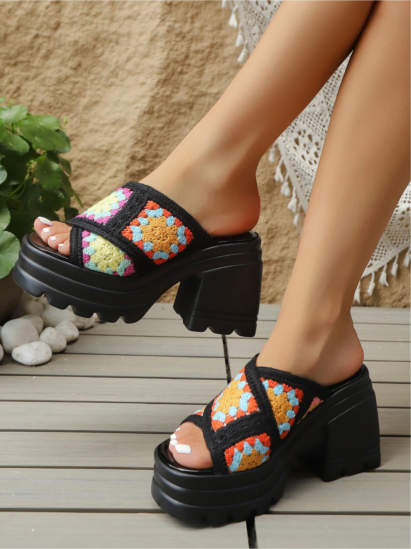 Boho Style Handmade Crochet Shoes, Colorful Block Pattern, Cross Strap Design, Thick Sole Heel, Waterproof Anti-Slip, Comfortable & Stylish