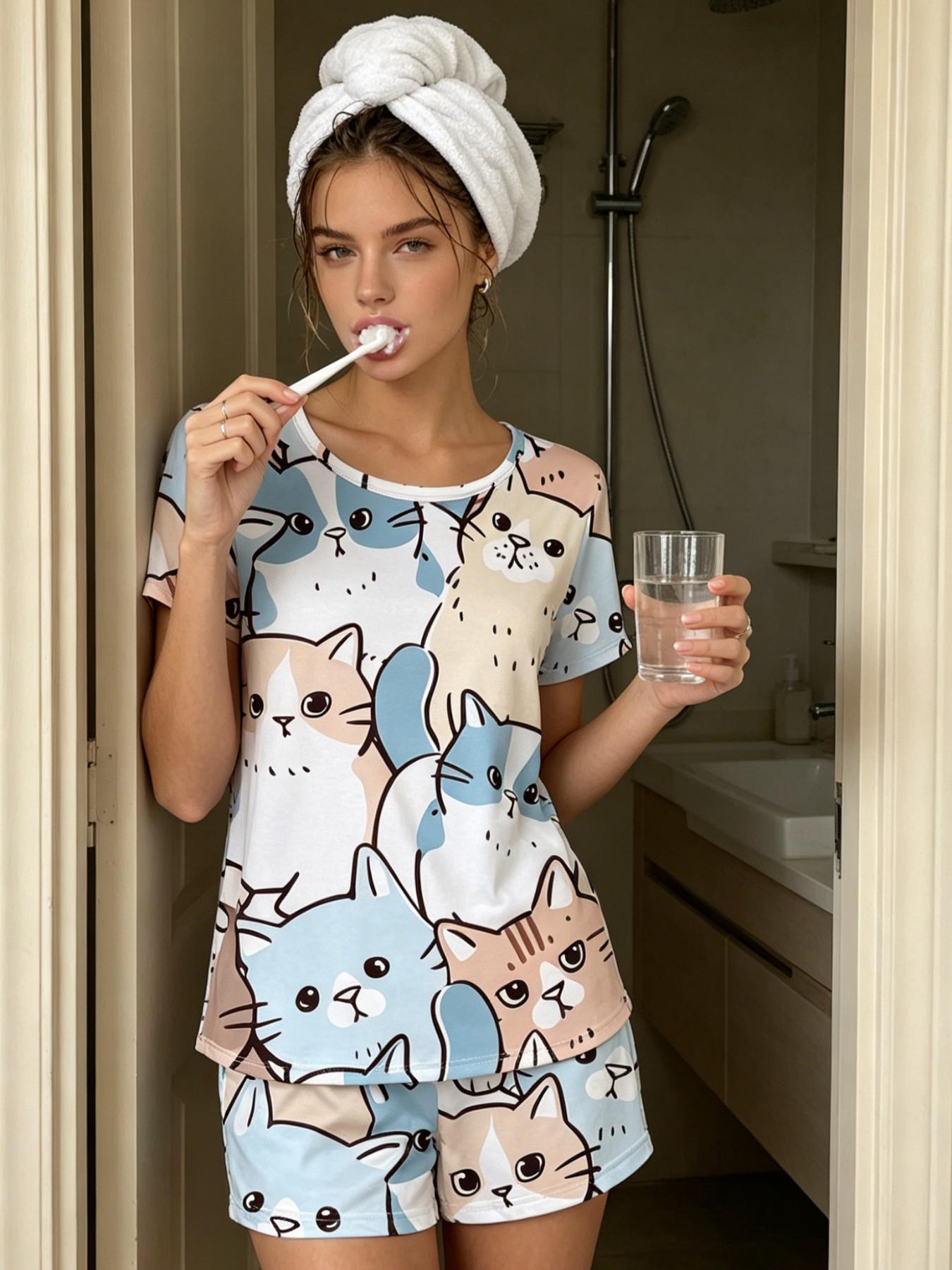 Style Sweet Cartoon Cat Print Women's Short Sleeve Pajama Set, Soft Comfortable Breathable Elastic Sleepwear, All Ages and Sizes