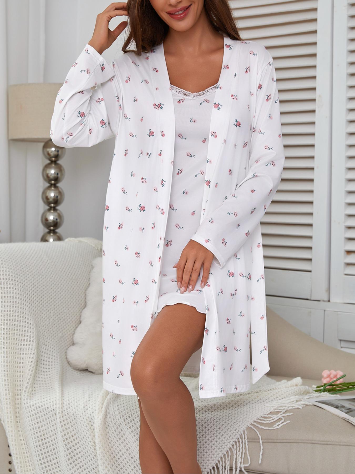 Women's Floral Print Robe Set with Lace Strap Dress, Elegant Comfortable Sleepwear, Fashion Sleepwear, Casual Home Wear, All Seasons, Fitted Style