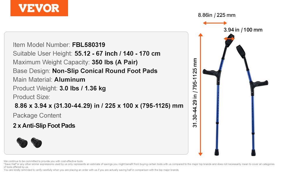 VEVOR Forearm Crutches for Adults, 11-Level Height Adjustable Walking Crutches with 4-Level Upper Cuff, Lightweight Aluminum Medical Support Crutches for Leg Injury Surgery Disabled, 1 Pair (350LBS)