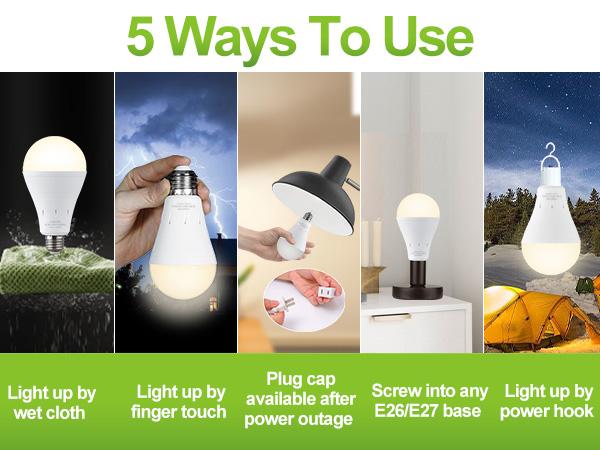 DEBAOBULB 4PK Warm Light E26 120V 9W Rechargeable Battery Operated Emergency LED Lamp Multifunctional Hook Included Home Energy Saving Lighting