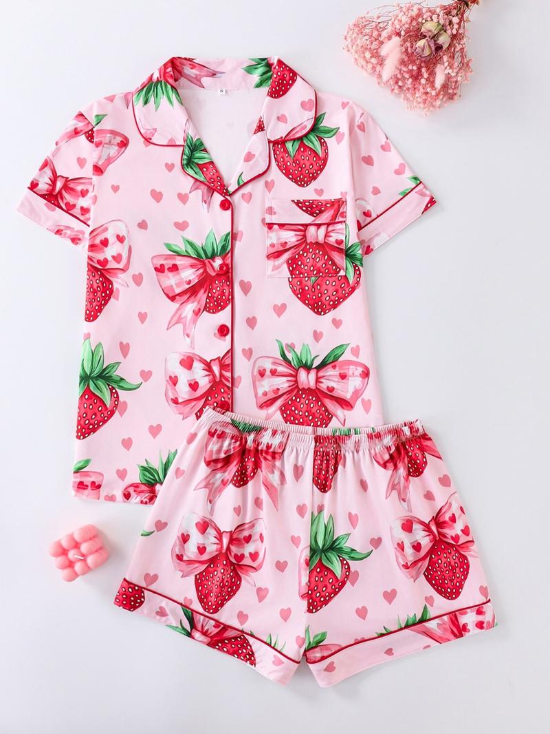 Women's Strawberry & Heart Print Lapel Neck Shirt & Shorts Pyjama Two-piece Set, Ladies Sleepwear for All Seasons, Loungewear