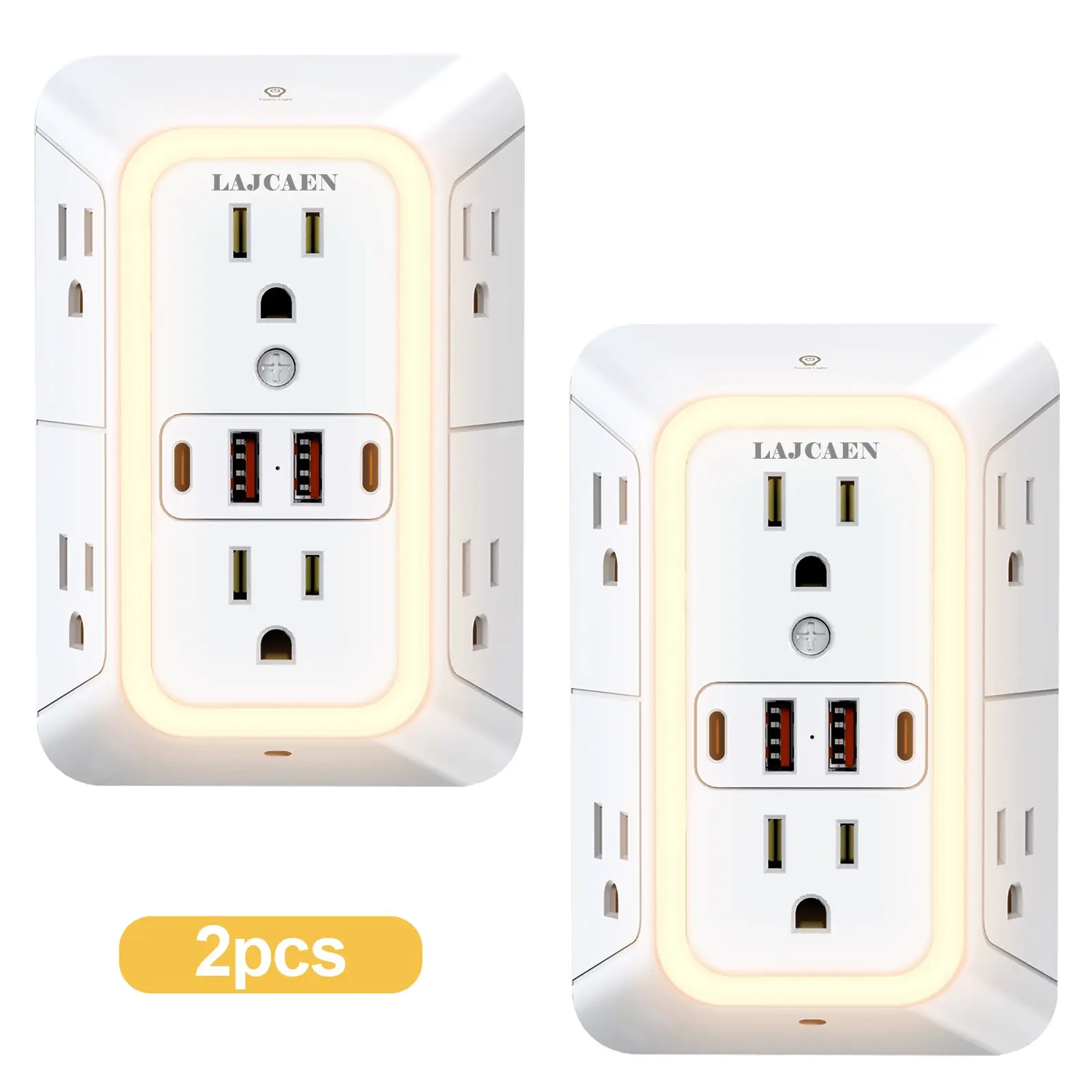 2026 NEW LAJCAEN Smart USB Outlet Extender Surge Protector Socket With Night Light, -, 3 Sided Multi Plug Wall Adapter Power Strip, 6 Wide AC Outlets And 4 USB Ports ,Multiple Plug Expander Wall Charger for Home Office Kitchen Travel,ETL
