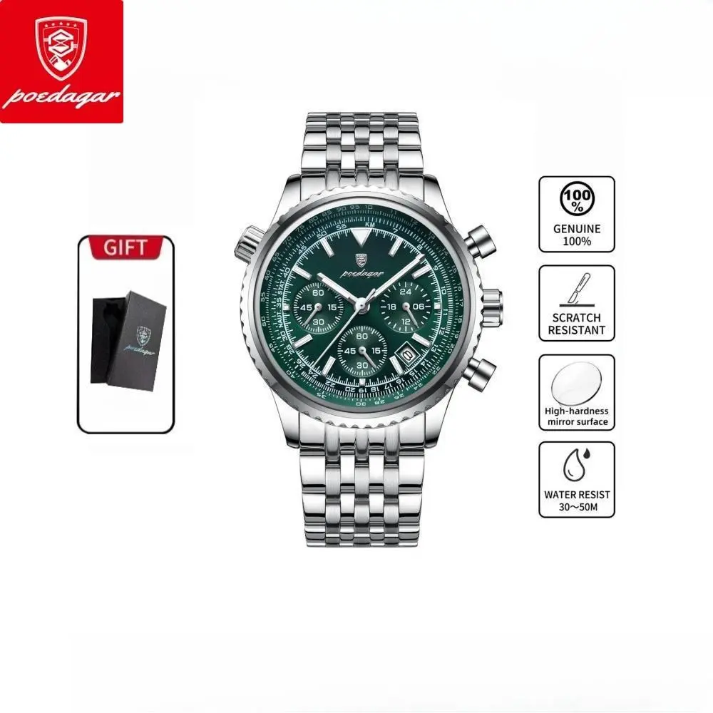 POEDAGAR High-End Fashion Business Men's Stainless Steel Watch - Round Dial, Date Display, Chronograph, Waterproof, Luminous Sports Watch with Box