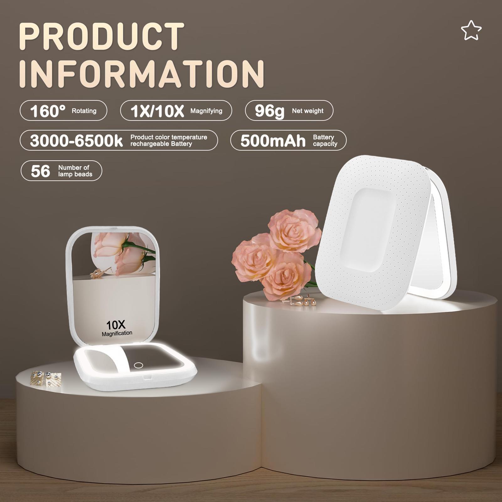 LED Compact Makeup Mirror with 10X/1X Magnification – 3-Color Light Travel Portable Mirror for Pocket & Purse – Rechargeable Dimmable Dual-Sided Vanity Mirror – Birthday & Christmas Gift for Women