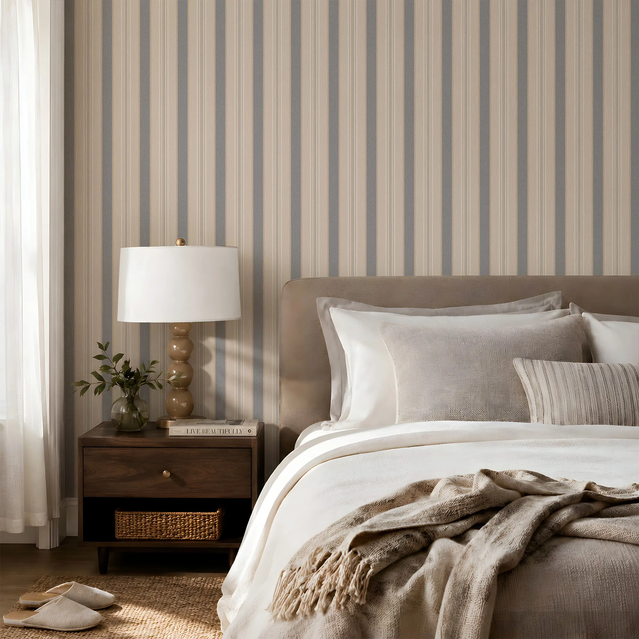 1 Roll 44.5cm/17.5in Wide Beige Blue-Grey Stripe Peel and Stick Wallpaper, Removable Waterproof Wallpaper, Seamless Splicing Waterproof Fadeless Self-Adhesive Contact Paper, Easy Cut DIY Wall Sticker for Bedroom, Living Room, Bathroom & Furniture Makeover
