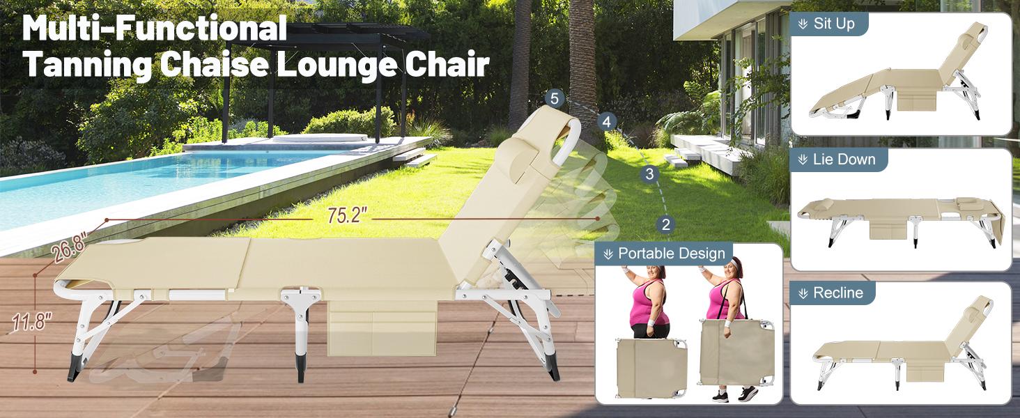 Lilypelle Sun Tanning Chair, Adjustable 5-Position Folding Beach Lounger with Face Arm Hole, Removable Cushion & Pillow, Side Pocket, Carry Handle, Outside Sunbathing Lounge Chair for Patio, Poolside, Lawn