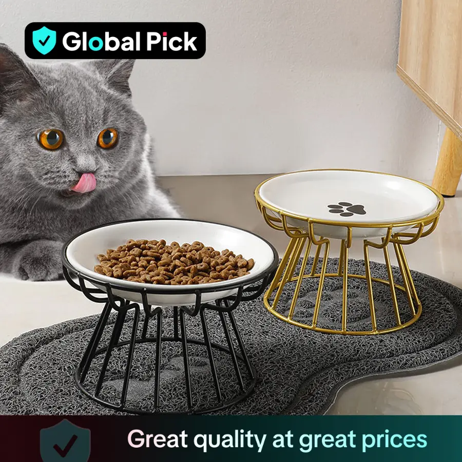 Raised Bowl for Cats, 1 Set Fishbone & Cat Paw Pattern Pet Ceramic Bowl with Iron Stand, Pet Feeding Supplies, Dog & Cat Accessories, Pet Accessories