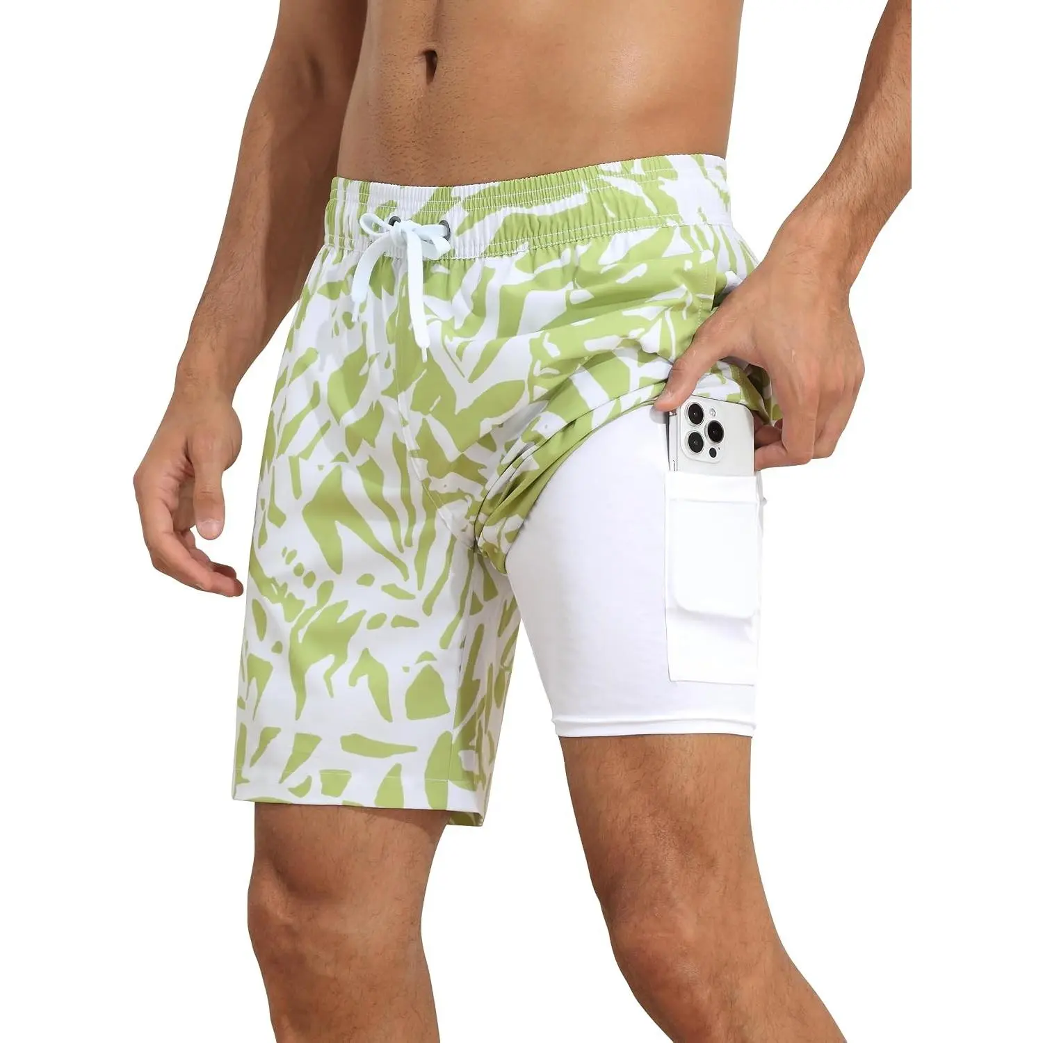Men's Quick Dry 7" Swim Trunks with Compression Liner - Tropical Print Board Shorts with Liner Pocket(Gift)