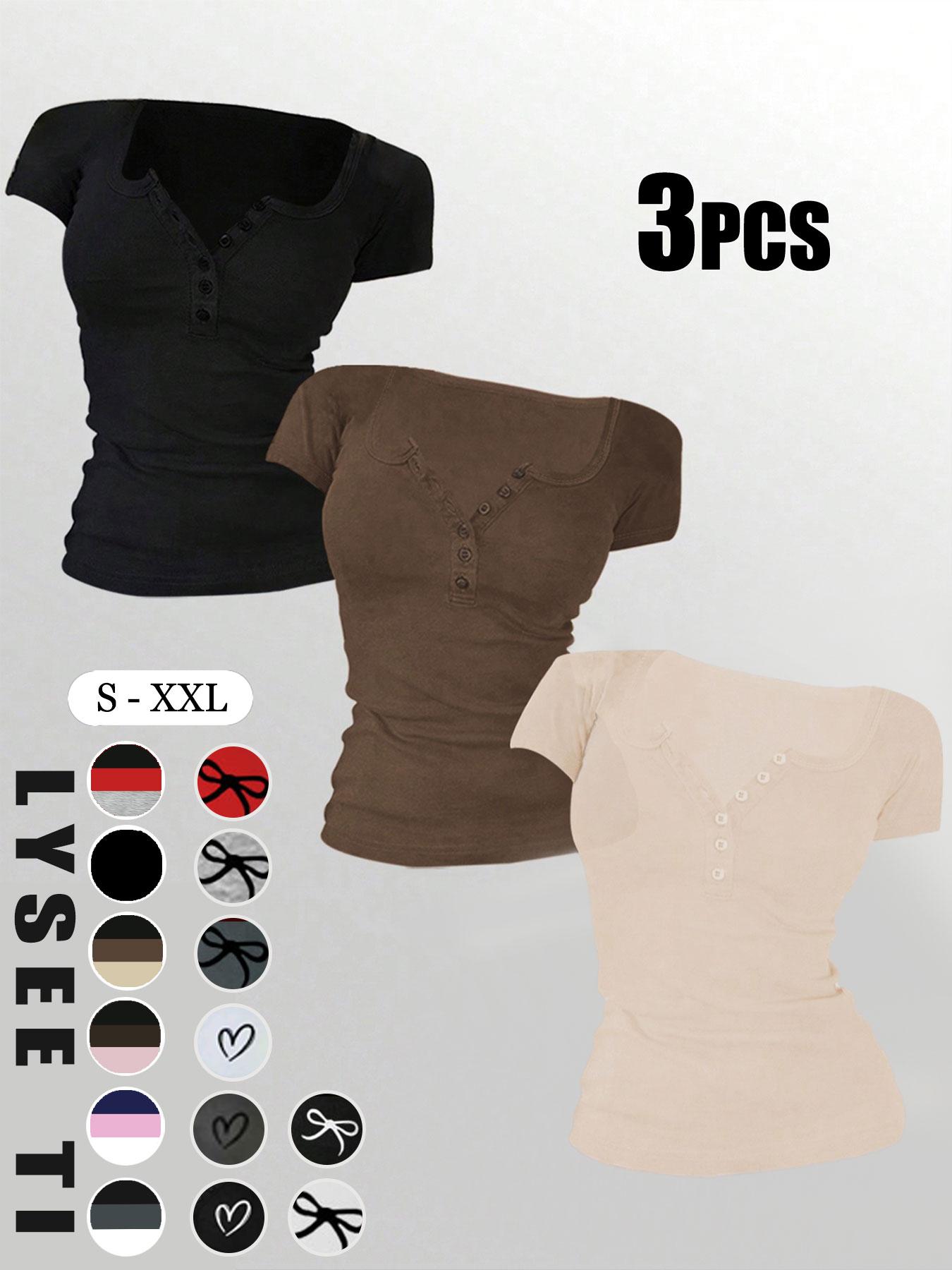 Women's Solid Button Round Neck Tee, Casual Short Sleeve Fitted T-shirt for Daily Wear, Ladies Clothes for All Seasons