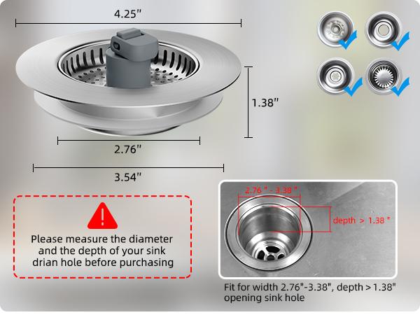 Upgraded 3 in 1 Kitchen Sink Drain Strainer - Stainless Steel Sink Stopper, Anti-Clogging Sink Food Catcher Basket, Fast Drainage Odor Filter Sink Plug for US Standard 3 1/2 inch Drain